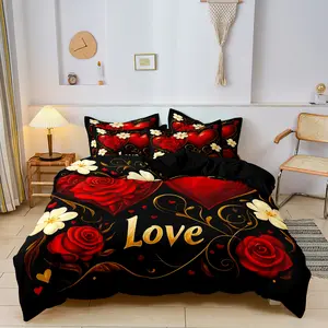 3pcs Set Love Heart Letter Print  Romantic Deep Red Rose Love Heart Rose Design Theme Pattern Duvet Cover Set,Suitable For Bedroom,Hotel, Inn,School Dormitory Can Be Used As Holiday Gifts (1*Duvet Cover + 2 Pillowcases,No Core)