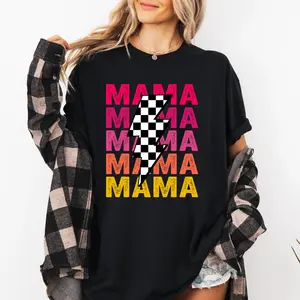 [Sale up to 30%][Made in USA] Checkered Mama Lightening Bolt Graphic Tee shirts women Summer, Trendy Spanglish Humor Top, Casual Aesthetic Gift