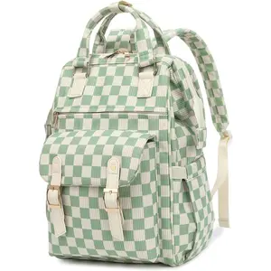 Laptop Backpacks for Women, Corduroy High School College Bookbag 15.6 Inch Laptop Bags for Girls Travel Daypack - Checkered Green