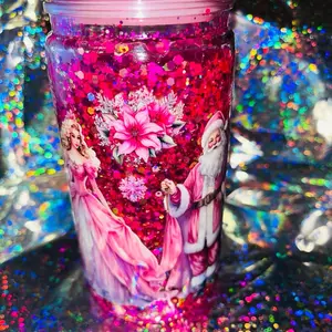 16oz Premade Pink Christmas Still Flow Cup with Glittery Santa and Snowflake Design Perfect for Festive Beverages