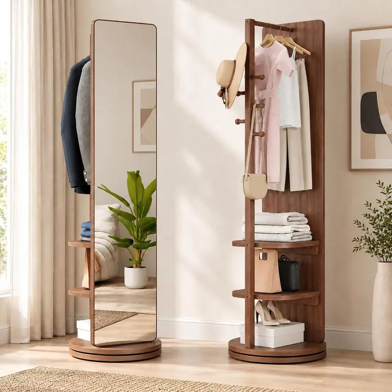 Full Length Mirror with Coat Rack & Storage, 360° Rotating Solid Wood Standing Floor Mirror with Shelves for Bedroom, Entryway, Dressing Room Home Decorative Mirror Floor Mirror With Stand