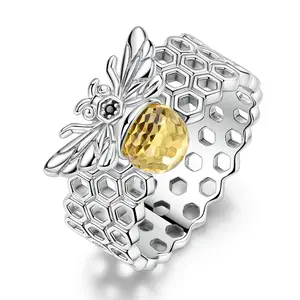 NARMO S925 Silver Plated Honeycomb Bee Ring - Insect Style Ring with Yellow Glass Gemstone and CZ Charm - A Gift Inspired by Nature, Best Jewelry for Girls and Women