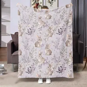 Watercolor Easter Bunny Soft Cozy Flannel Blanket Vintage Rabbit Floral Botanical Print Plush Throw Warm Fuzzy Bed Sofa Blanket Perfect Easter Holiday Home Decor Gift for Women Kids Girls