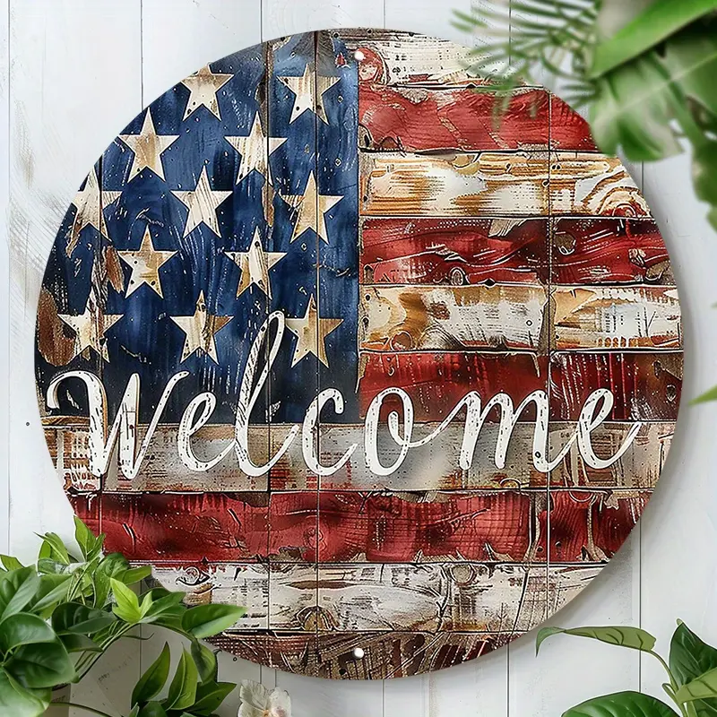 Rustic American Flag Welcome Sign, Vintage Metal Tin Sign, Suitable for Home, Garden, Office, and Commercial Indoor/Outdoor Use, Patriotic Wall Decoration, Decorative Metal Sign