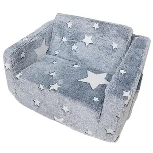 Glow in The Dark Extra Soft Open Couch 2-in-1 Toddler Soft Couch Fold Out Glow in Dark Convertible Plush Foam Chair Star Glow in The Dark Toddler Couch for Playroom Bedroom