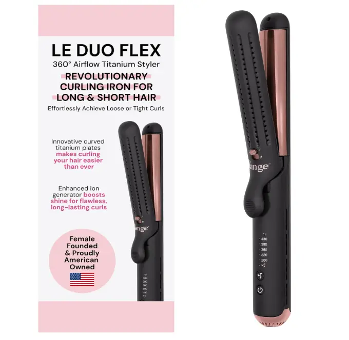 L’Ange Hair Le Duo Flex 360° Airflow Titanium Styler | Professional Curling Iron with Adjustable Heat | Airflow Vents Lock in Curls & Add Shine | Dual Voltage & Auto Shut-Off | Black
