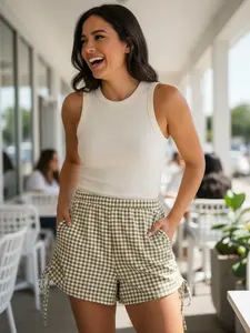 Endless Blu Gingham Olive Side Sinch Elastic Shorts