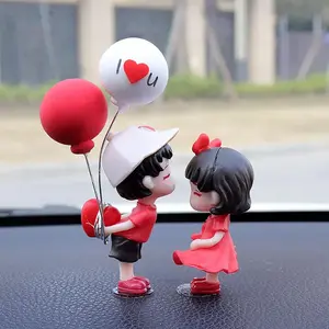 Cartoon Couple Figurines with Romantic Red Heart & Dress Design Creative Car Interior Decoration for Women & Men Fashion Car Accessories for Girls Teenage Girl Gifts