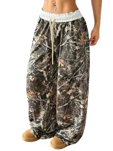 Women's Y2K Camo Print Wide Leg Sweatpants, Adjustable Elastic Waist Drawstring Casual Home Pants, High Street Sporty Long Pants, Punk Workwear Style