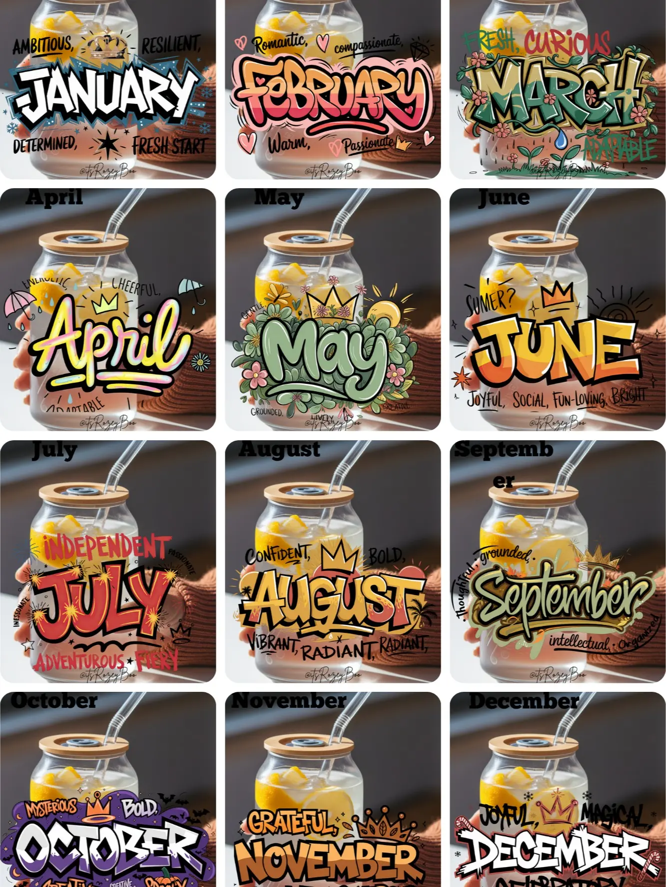 Months Graffiti Style UVDTF Prints Perfect for your small business. Width of each design varies. Durable Fade-Resistant Transfers for hard surfaces   - Stylish Practical Designs