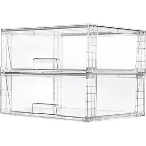 2 Pack Large Stackable Storage Drawers,Easily Assemble Clear Acrylic Bathroom Closet Undersink Organizers,Plastic Storage Bins for Cabinet,Kitchen Pantry Insert Silicone