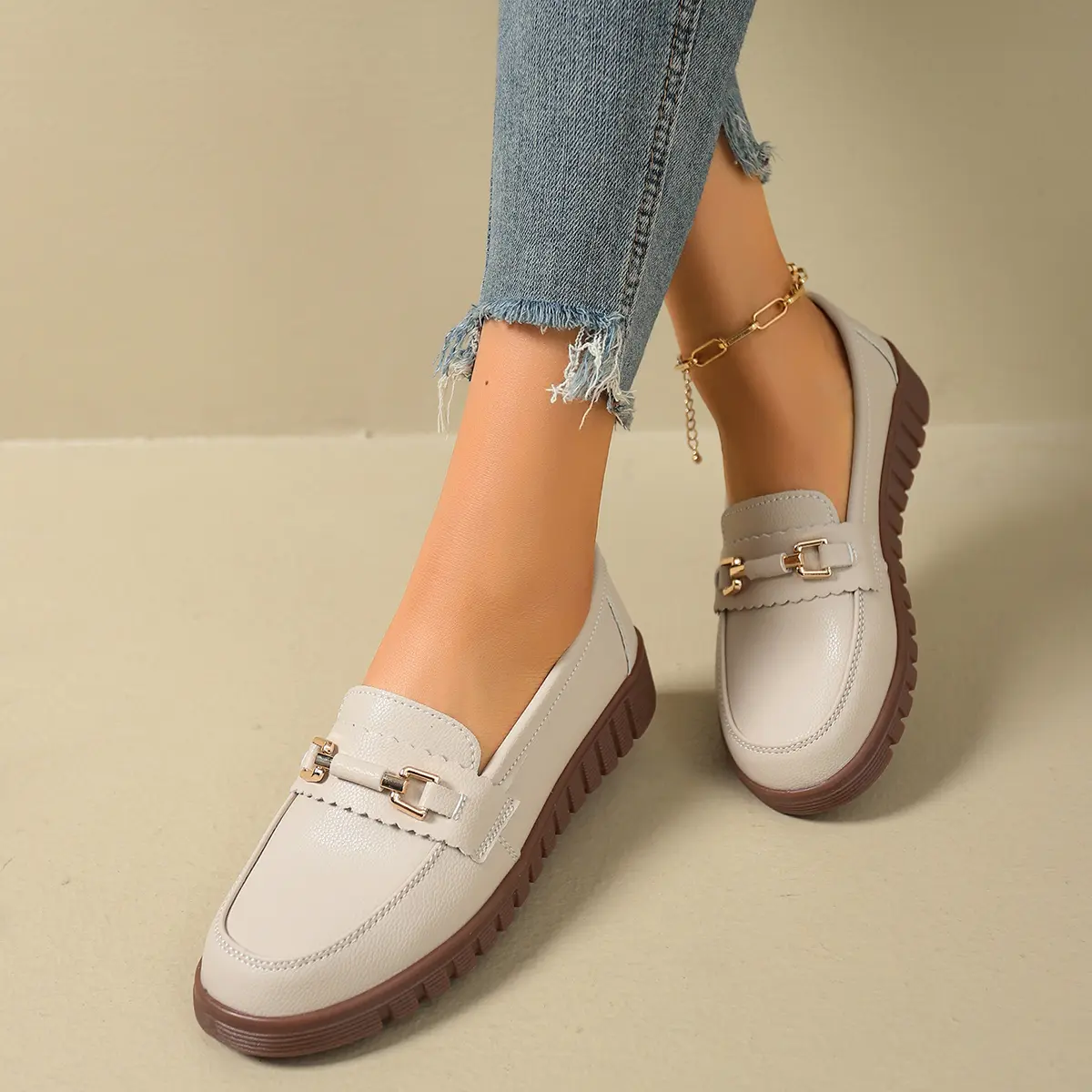 CushHide Women's Leather Loafers with Metal Buckle - Slip-On, Breathable, Lightweight, Soft Walking Shoes for Office Work Footwear