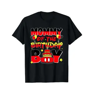 Women's Comfy Short Sleeve Casual T-Shirt - Fitted Round Neck Fabric Top with Black Balloons, Cake & Confetti Print - Machine Washable Mommy Outfit for Family Celebration