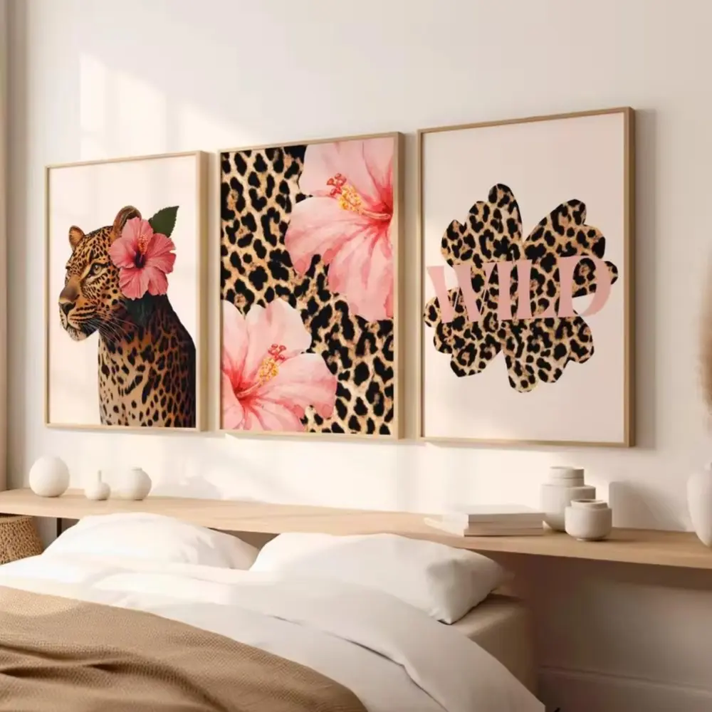 3 Pieces/set of Optional Wooden Frame, Funky Y2K Leopard Hibiscus Flower Pink Cheetah Canvas Print, Vintage Hawaiian Aloha Animal Art, Floral Boho Print, Vintage Prints, Home Decor Posters, Wood Wall Art, Vintage Room Decor, Aesthetic Wall Decor