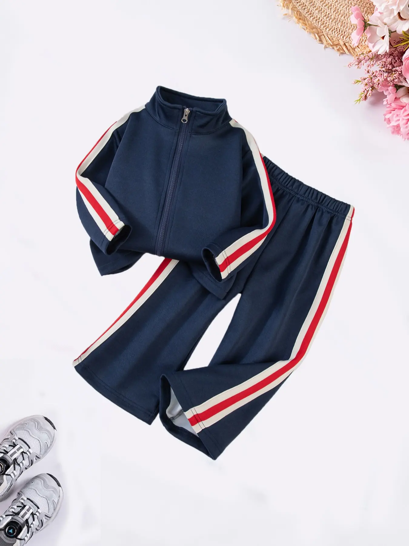 2-piece Spring/Autumn Girls' Fashion Striped Print Set, Fashion clothes sets, Outfits Set, long-sleeved zip-up jacket with wide-leg trousers Suitable for girls aged 2-7 Ideal for outdoor and school wear