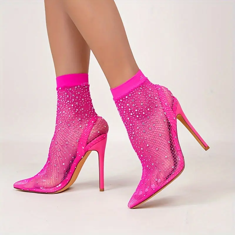 Women's Mesh Ankle Short Boots - Pointed Toe, Strappy High Heels, Sparkling Fabric, Lace-Up, Rubber Sole, Party Wear, US 9, All Seasons Laces Footwear