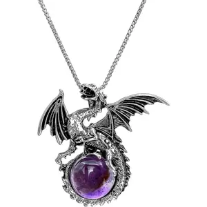 Dragon Necklace,Unique Crystal & Gemstone Pendant for Men & Women Silver Dinosaur Jewelry Gift