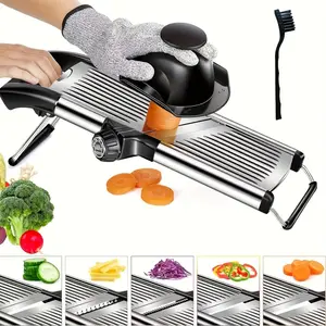 A Stainless Steel Vegetable And French Fry Slicer with Five Adjustable Blade Sizes, a Professional Mandoline Slicer, And an Onion Grater for Kitchen Additions