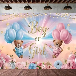 Gender Reveal Party Backdrop Banner, & Blue Bear Design with Flowers Balloon, Photo Booth Photography Decorations
