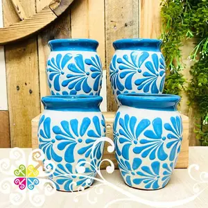 Set of Blue Espiga Plumeado Cantarito Cup - Set Clay Cantarito- 5 de Mayo - Mexican Authentic Cup - Cielito Lindo Theme