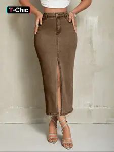 Women's New Basic Denim Skirt Coffee Color Soft Comfort High Elasticity Button Split Elegant Chic Long Midi Skirt, Fall Fashion, Slim-Fitting