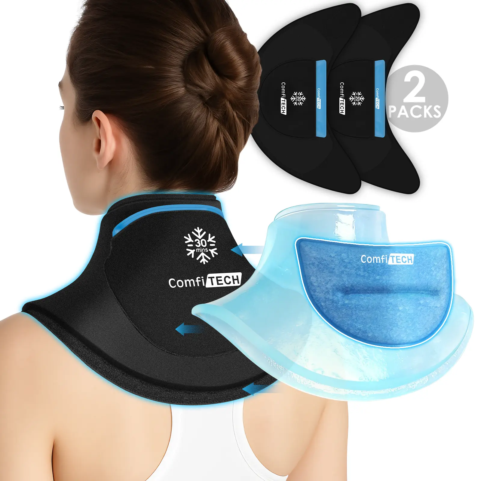 ComfiTECH Dual-Gel Neck Ice Pack Wrap with Extended 30-Minute Cooling, Detachable Cold Pack & Flexible Gel Cervical Ice Wrap for Swelling, Sprains, Stiff Neck, Post-Workout Recovery, Large, 2 Packs