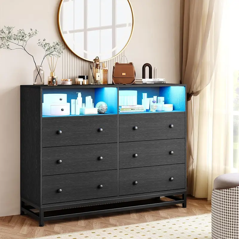6 Drawer Dresser for Bedroom, Wide Wood Black Dressers Drawers with Led Lights and Power Outlets, Big Storage Dressers for Bedroom, Sturdy Modern Bedroom Dresser with Handle, Anti-Tilt Devices