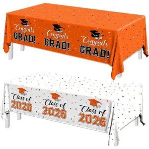 2026 Graduation Decorations 2pcs White Orange Class of 2026 Congrats Grad Tablecloth Rectangle Table Covers for Graduation Party Supplies 108x54inch Orange