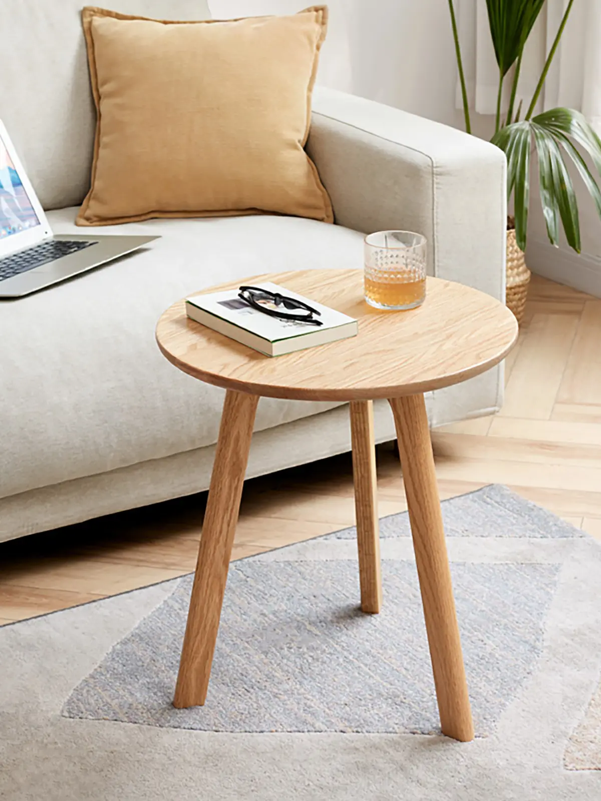 Round Side Table,100% Natural Solid Oak Side Table End Table,3 Legs End Table for Living Room Light Wood Color Solid Wood Furniture (Natural)