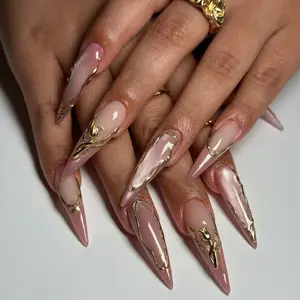 (MTO) BubbleNailArt Golden Tulip Cateye Elegance 3D Hand-Sculpted Liquid Chrome Pink Stiletto Handcrafted Wearable Nail Art Fashion Hand Accessories