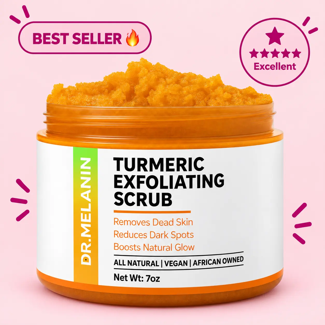 Dr.Melanin Turmeric Exfoliating Scrub Body Care Cleanser - Removes Dead Skin Reduces Dark Spots Boosts Natural Glow All Natural Vegan African Owned, Cleansing, Skin Exfoliate