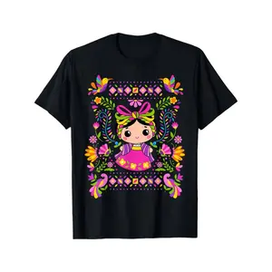 Cotton Women's Vibrant Mexican Mazahua Lele Maria T-Shirt - Cartoon Folk Art Graphic, Short Sleeve, Cotton, Casual & Comfy, Machine Washable, Black with Colorful Floral Patterns
