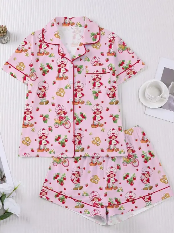 Women’s Cute Cartoon Print Pajama Sets, Short Sleeve Button Down Top with Shorts or Long Pants, Adorable Lounge Sleepwear