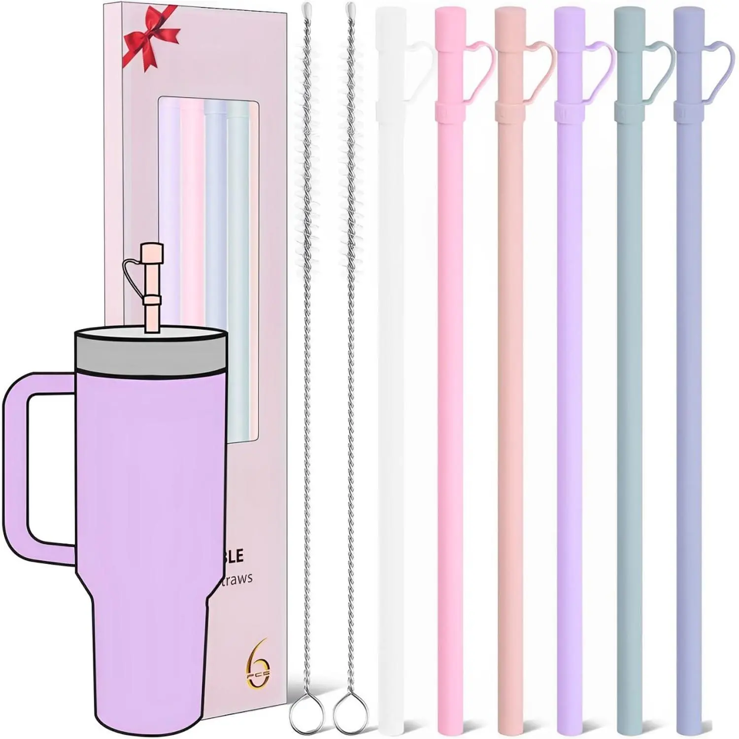 Replacement 12 Inch Long Silicone Straw With Cover Compatible Owala 40 Oz 30 Cup Tumbler  6 Pack Reusable Cleaning Brush For Accessorie