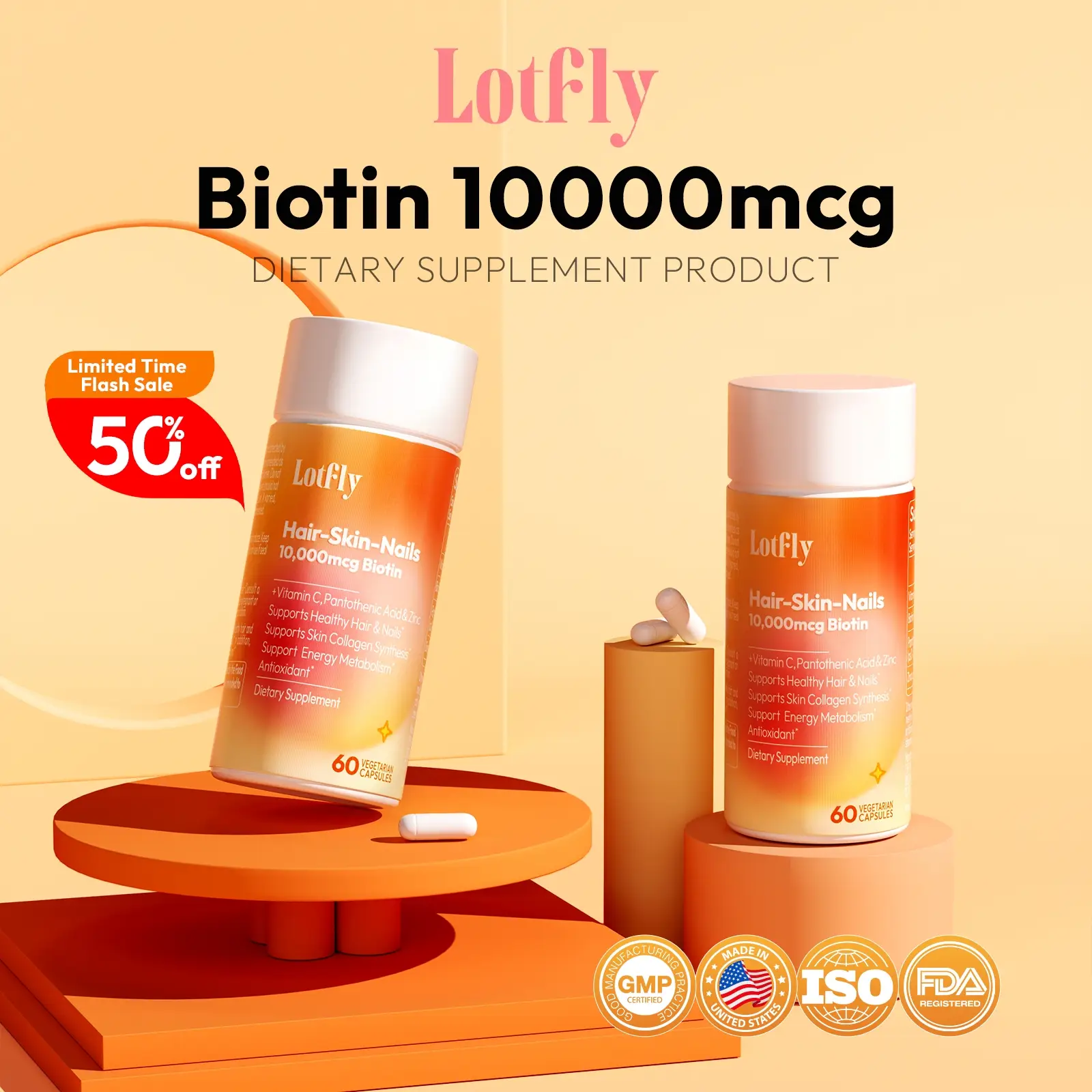 LOTFLY Hair Growth Vitamins 10,000mcg Biotin, Vitamin C & Zinc Vegan Gluten-Free Non-GMO Supplement Supports Collagen Synthesis & Energy Metabolism