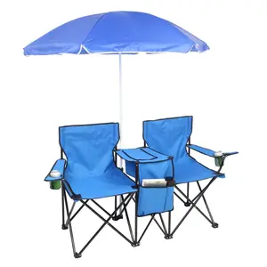 Double Camping Chair with Umbrella, Folding Loveseat Chairs with Canopy Shade, Table Beverage Holder and Storage Bag, Double Rocker Chair Outdoor for Camping, Beach, Picnic stability pole removable