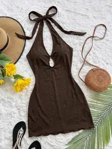 Elegant Bohemian Backless Knit Fitted Mini Dress, Women's Sleeveless Tropical Beach Wedding Guest Gown, Casual Vacation Western Style