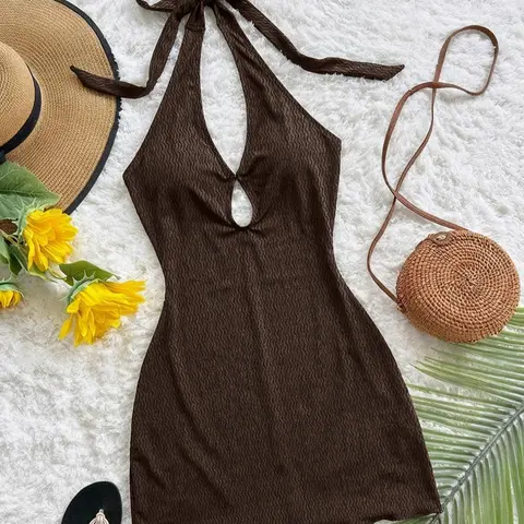 Elegant Bohemian Backless Knit Fitted Mini Dress, Women's Sleeveless Beach Outdoor Summer Wedding Guest Gown, Casual Western Style Tropical, Casual Wear, Strap Dress