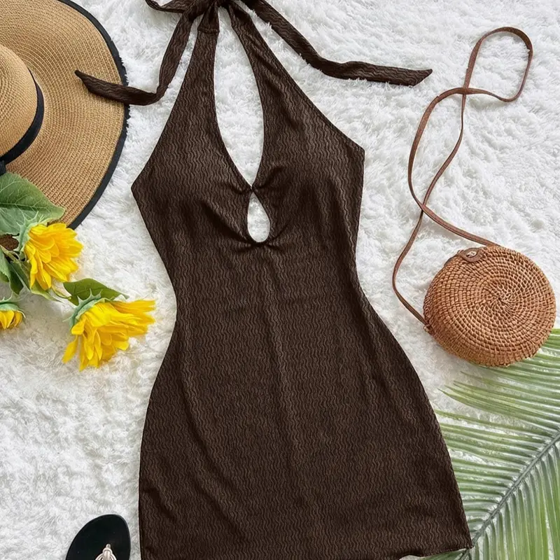 Elegant Bohemian Backless Knit Fitted Mini Dress, Women's Sleeveless Beach Outdoor Summer Wedding Guest Gown, Casual Western Style Tropical, Casual Wear, Strap Dress