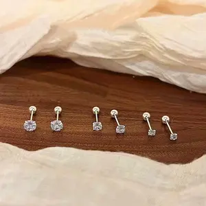 Stainless Steel Ear Studs, Four Claw Twisted Ball Zirconia Piercing Earrings, Unisex Small Ear Cuff Screw Back Spiral Bone Pin