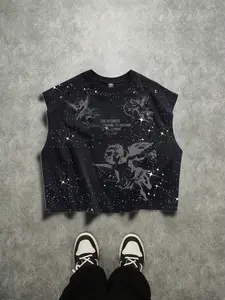 Men's sleeveless T-shirt, short and loose fit, sequined finish that is durable and won't fade easily after washing, fun little angel print on the front and back, suitable for everyday wear, parties, and many other occasions Streetwear