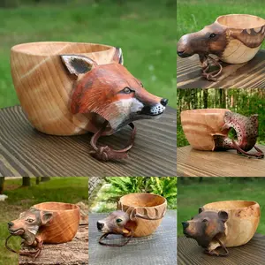 Hand Carved Wooden Kuksa Travel Mug - Wild Boar, Fox, Deer Designs, Leather Loop - Scandinavian Camping Gear Coffee Cup - Handmade Drinkware for Camping, Hiking