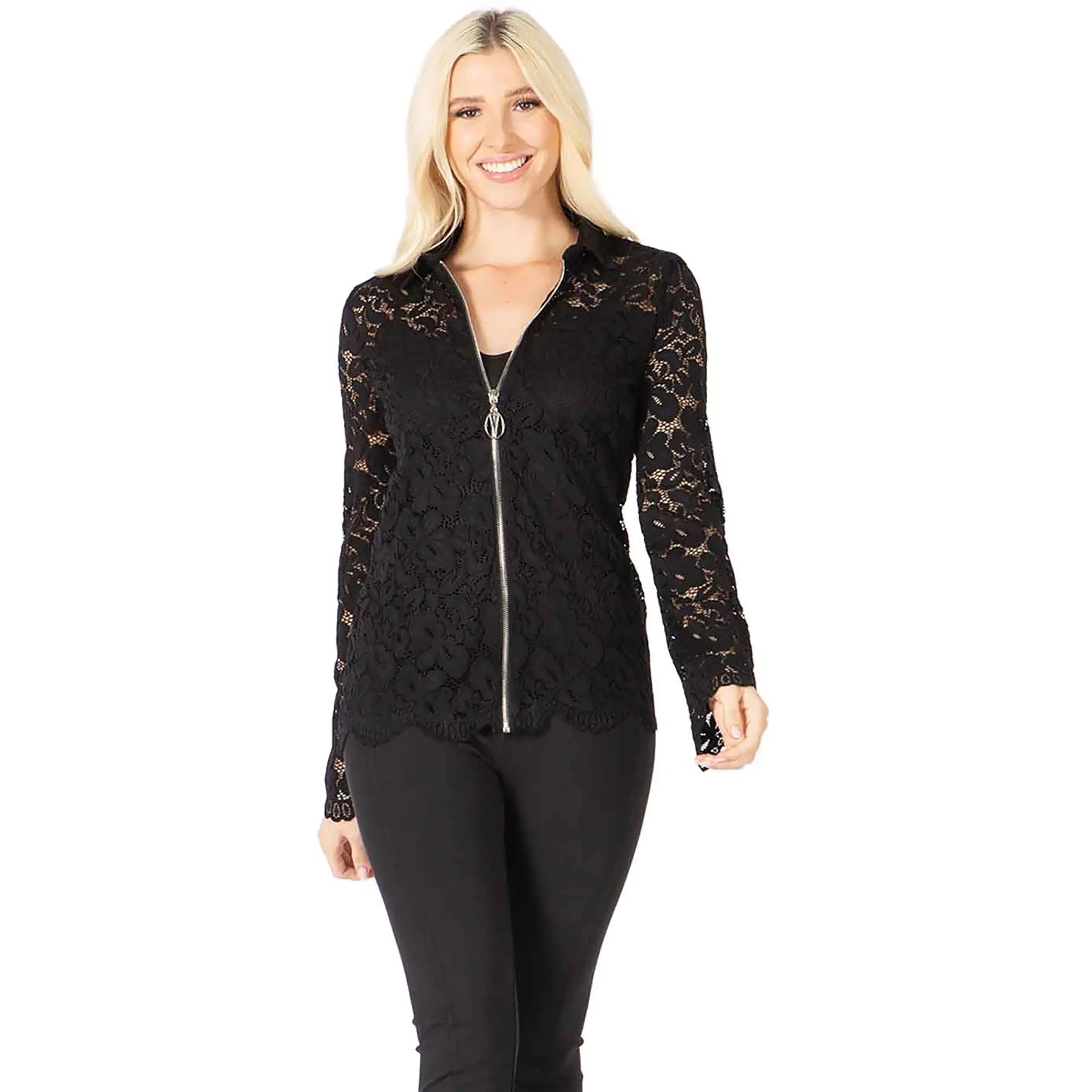 Collared Zip‐Up Lace Jacket