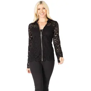 Collared Zip‐Up Lace Jacket