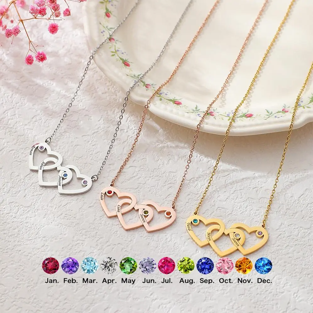 N2036 Personalized Custom Name Twelve Birthstone Love Necklace Stainless Steel Triple Heart Engraving Name Birthstone Necklace