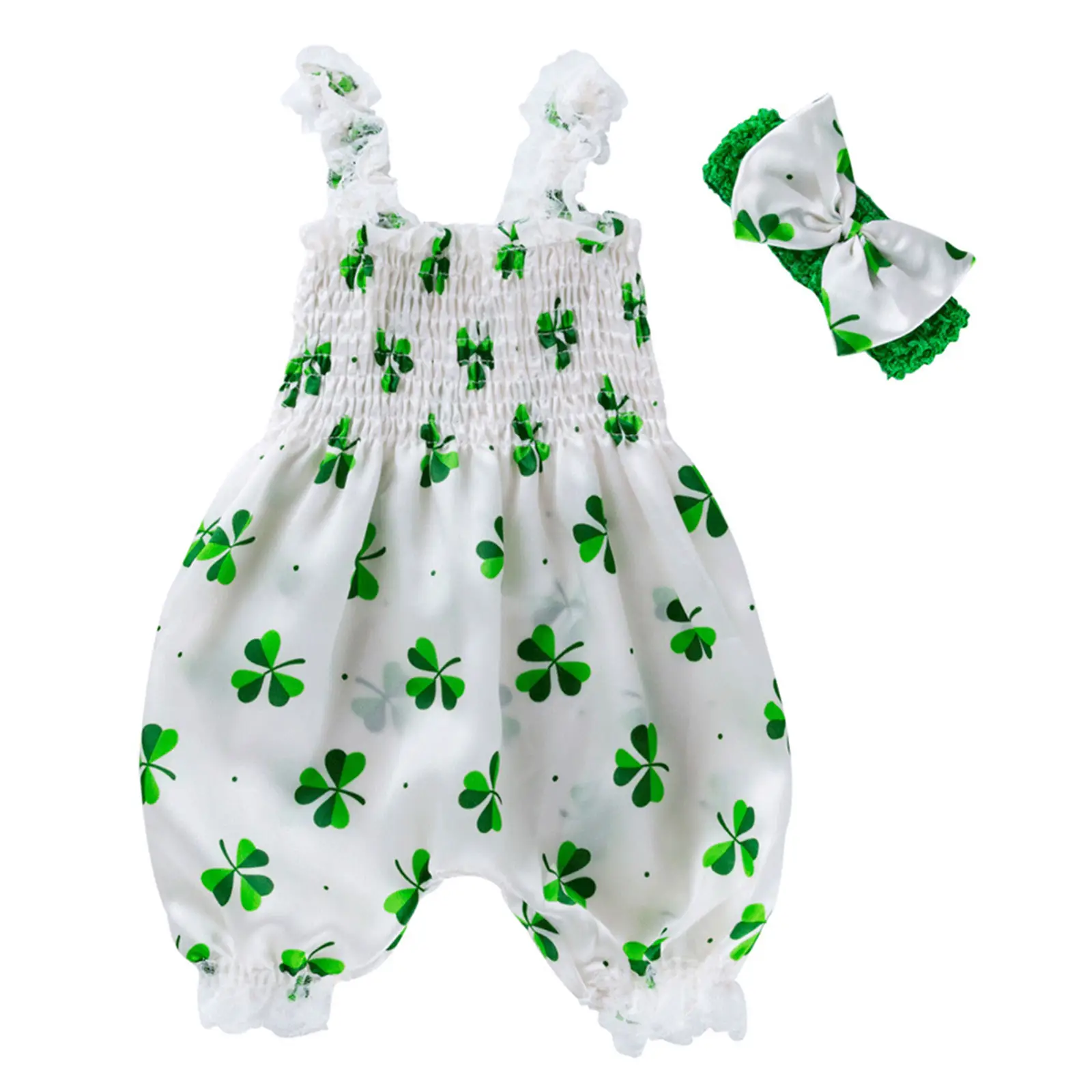0-24M Toddler Baby Girl St. Patrick's Day Clothes Bodysuit Clover Printed Romper Sleeveless Bubble Jumpsuit with Headband