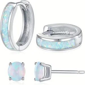 Set of Opal Stud Huggie Hoop Earrings: Small Hoops for Women And with Sensitive Ears, Hypoallergenic