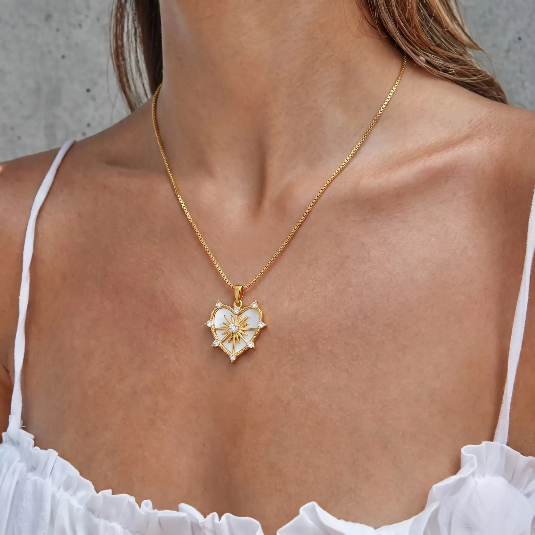 FLAME 14K Gold Plated Chunky Charm & Toggle Pendant Necklace for Women - Chain Heart, Star, Gemstone Evil Eye, Teardrop Cubic Zirconia Pendant Gold Charms Necklaces - Valentines Day Trendy Jewelry