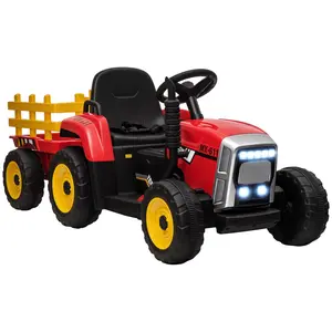 Aosom 12V Ride on Tractor w/ Trailer, 25W Dual Motors, Battery Powered Electric Tractor w/ Remote Control, Music, Startup Sound, Horn, Lights, Red