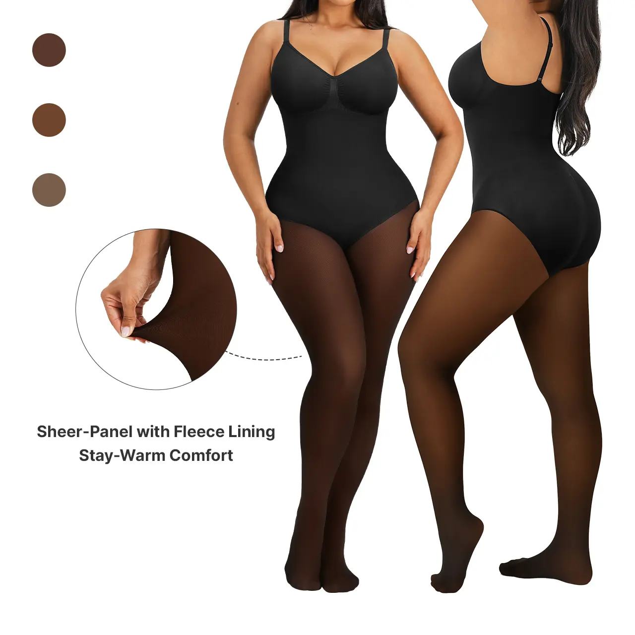 SHAPELLX CozyShape Sheer-Panel with Fleece Lined Tights Stay-Warm Tummy Control Sheer Effect Tights Bodysuit